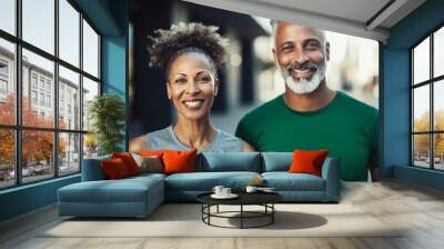 Fitness, workout and black couple in the city for running, marathon training and training. Love, sport, man and woman on smartphone for social networks, internet and mobile health app Wall mural