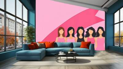 Flat design illustration of diverse women with pink ribbon symbolizing unity and breast cancer awareness Wall mural