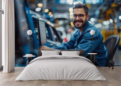 Focused engineer in blue overalls monitoring car assembly process in a manufacturing plant Wall mural