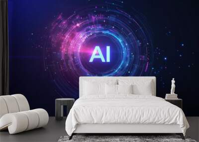 Futuristic AI logo with vibrant digital technology background representing artificial intelligence and modern innovation concepts Wall mural