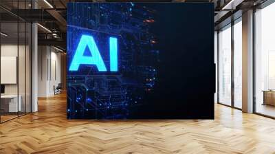 Futuristic AI technology concept with glowing blue letters on digital circuit background illustrating artificial intelligence advancements Wall mural