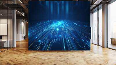 Futuristic blue technology corridor with glowing lights and digital circuit designs on the walls Wall mural