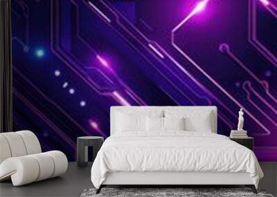 Futuristic circuit board design in vibrant purple and blue tones with glowing lines and lights, showcasing a modern technology and digital innovation concept. Wall mural