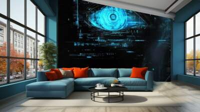 Futuristic digital eye with glowing blue lines and high-tech symbols, representing advanced technology and innovation Wall mural