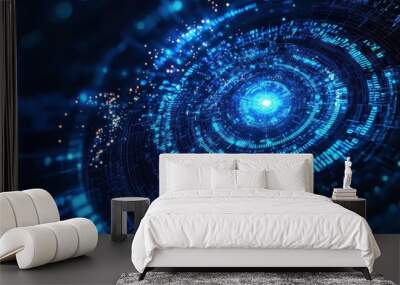 Futuristic digital eye with intricate binary code and glowing blue light, representing advanced technology and data analysis Wall mural