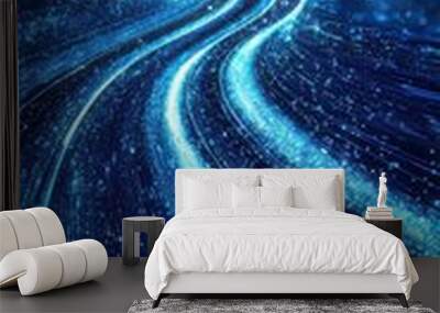 Futuristic digital landscape with dynamic blue neon lines and particle flow on an abstract dark background conveying technology and innovation Wall mural