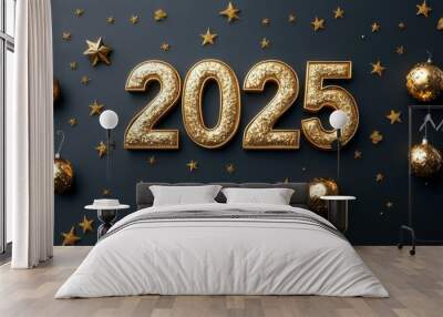 Golden 2025 numerals with festive ornaments on black background for new year celebration Wall mural