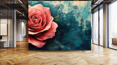 Graffiti style rose in shades of pink on textured teal canvas background with artistic urban vibes and creative expression Wall mural