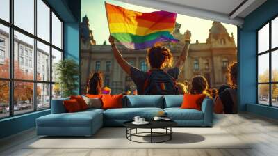 Group of diverse people celebrating LGBTQ+ pride with rainbow flag in vibrant city atmosphere Wall mural