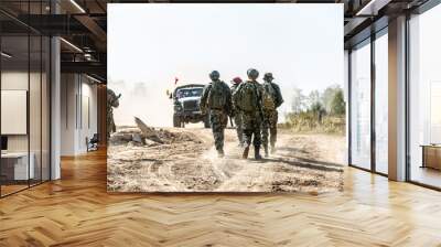 group of soldiers on the Outdoor on army exercises. war, army, technology and people concept Wall mural