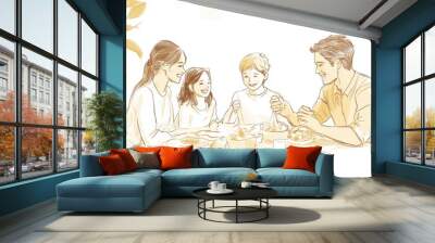 Happy family enjoying a meal together at the dining table with laughter and conversation in a warm, cozy setting Wall mural