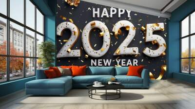 Happy New Year 2025 with white and gold decorations and confetti Wall mural