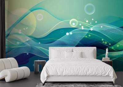 High-resolution abstract poster with wavy lines and circles in blue and green hues Wall mural