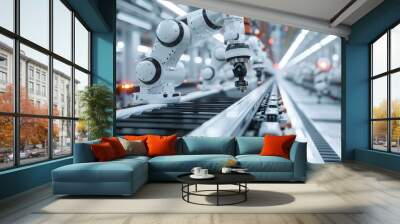 High-tech robotic arms operating on a factory production line Wall mural