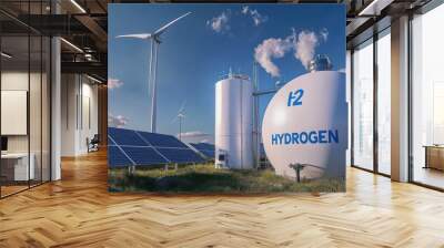 Hydrogen energy facility with solar panels and wind turbines for renewable energy production in a green landscape Wall mural