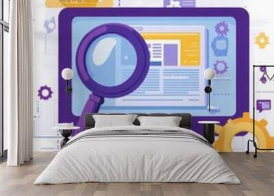 Illustration of a computer screen with a magnifying glass symbolizing online search and data analysis in a digital landscape Wall mural