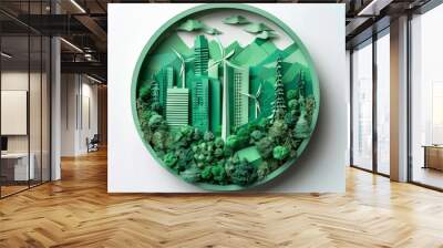 Illustration of a sustainable city with green energy and nature integration Wall mural