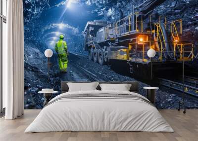 Industrial coal mining machinery working inside a dark mine Wall mural