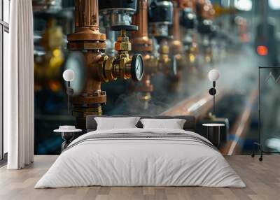 Industrial copper pipes with meters and valves emitting steam in a factory setting Wall mural