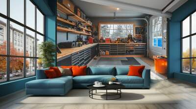 Interior of spacious, bright and clean garage workshop for DIY works and repairs. Workbenches, tools and technical equipment. Bikes, motorcycles and cars repair and tuning. Wall mural