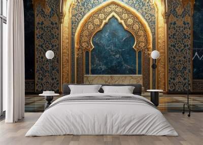 Intricate Alhambra-style arabesque pattern in a luxurious interior with ornate blue and gold detailing Wall mural