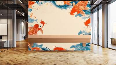 Japanese Koi fish pattern with vibrant orange colors on rustic wooden background, expressing tranquility and traditional culture Wall mural