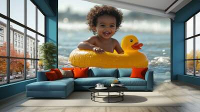 Joyful toddler with curly hair enjoys a playful swim in the ocean using a yellow duck float on a sunny beach day Wall mural