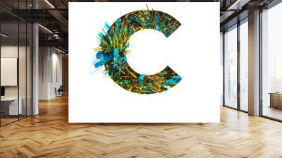 Letter C of English alphabet of shiny tinsel and paper cut isolated on white. Festive typeface for celebration design Wall mural