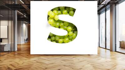 Letter S of English alphabet of green grape and cut paper isolated on white. Natural typeface of fresh berries Wall mural