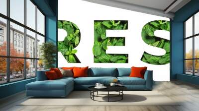 Lettering of English word fresh made of green natural leaves and cut paper isolated on white. Menthol font  Wall mural