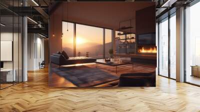 Living room of a modern luxury apartment. Leather sofa and couch, bio-fireplace and a huge TV on the wall, carpet, panoramic windows with stunning views of the mountains and the sunset Generative AI Wall mural