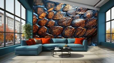 Macro shot highlighting intricate cobra skin pattern and hood texture, showcasing the mesmerizing details and vibrant scale colors in a close-up view. Wall mural