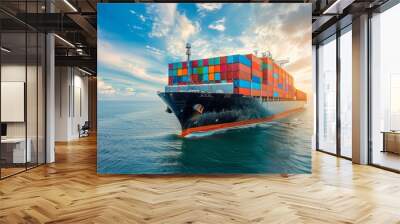 Massive container ship entering a sunny port, reflecting global trade and logistics Wall mural