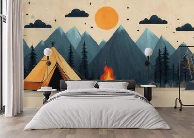 Minimalist cute campfire sticker design with tent and mountains under night sky with stars and clouds Wall mural