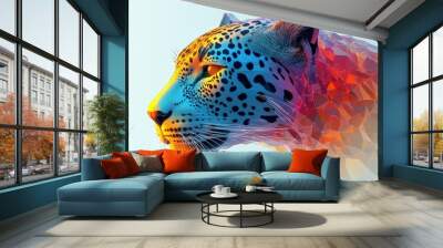 Minimalist illustration of a leopard head blending realism and geometric abstraction in a vibrant, colorful design Wall mural