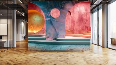 Minimalist set design with vibrant pastel colors of pink and blue featuring abstract architectural elements Wall mural