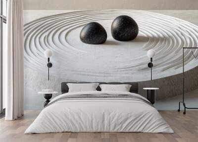 Minimalist zen garden design featuring a white sand circle with two black rocks as focal points Wall mural