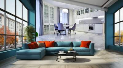 Minimalistic interior of living room in light tone with marble flooring, large windows and a table for four persons Wall mural