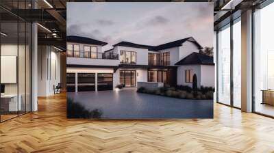 Modern large and spacious two-story house with white walls and a black roof, a spacious terrace and a garage. Spacious parking and car in front of the house. Generative AI Wall mural