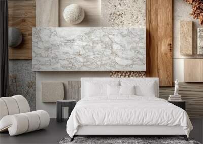 Moodboard showcasing different materials including wood, marble, and textured tiles Wall mural