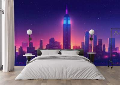 Neon city skyline illustration featuring tall skyscrapers against a vibrant night sky in  art style Wall mural