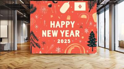 New Year 2025 celebration card with festive elements and decorations on a bright background Wall mural