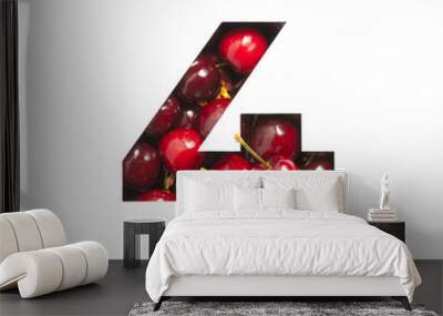 Number four made of cherries and paper cut in shape of fourth numeral isolated on white. Typeface of red berries Wall mural