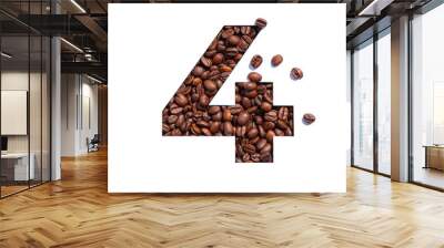 Number four made of coffee beans and paper cut in shape of fourth numeral isolated on white. Typeface for coffeehouse Wall mural