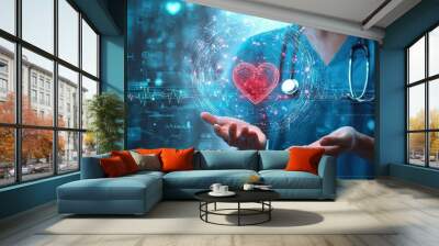 Nurse in blue scrubs holds a glowing heart hologram, symbolizing healthcare, technology, and compassionate care Wall mural