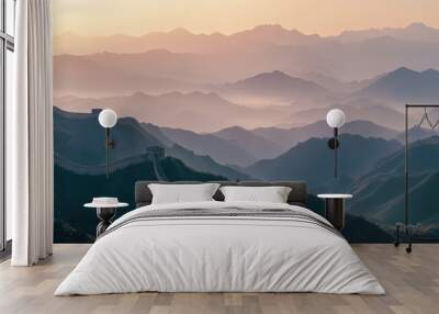 Panoramic view of the Great Wall of China at sunrise with majestic mountain range in the background Wall mural