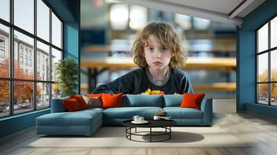 Pensive child sitting alone in cafeteria with a plate of food before them Wall mural