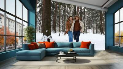 People, season, love and leisure concept - happy couple hugging and laughing outdoors in winter. Couple embracing and having fun in snowy winter park Wall mural