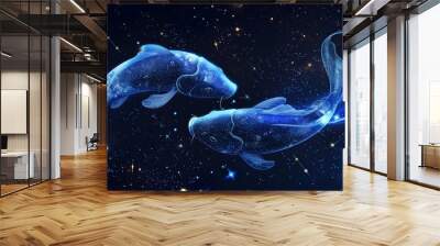 Pisces constellation represented by two fish connected in a starry night sky Wall mural