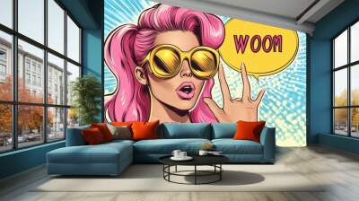 Pop art style beautiful woman with pink hair and yellow sunglasses making peace sign Wall mural